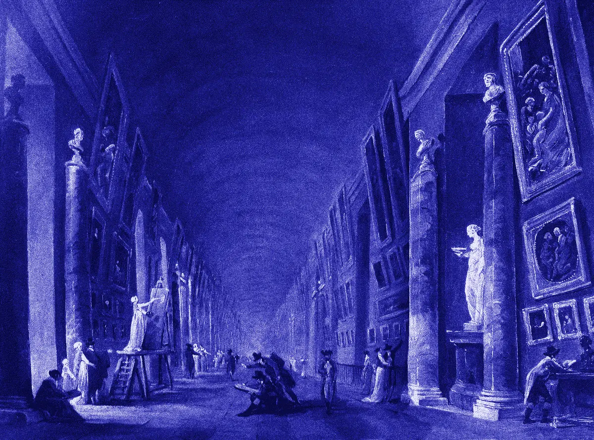 Uma galeria abobadada e comprida, cheia de quadros e estátuas, a azul